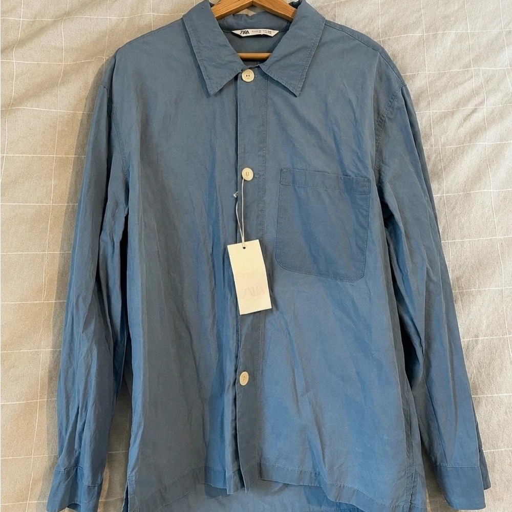 Zara Men's Light Blue Long-Sleeve Button Shirt